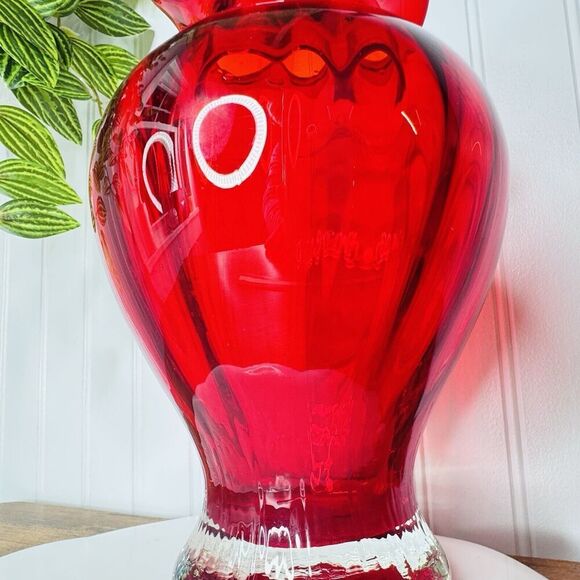 Vintage Ruby Red Glass Vase Bowl Ruffled Ribbed Melon Heavy BEAUTIFUL 9.25” - Picture 6 of 11